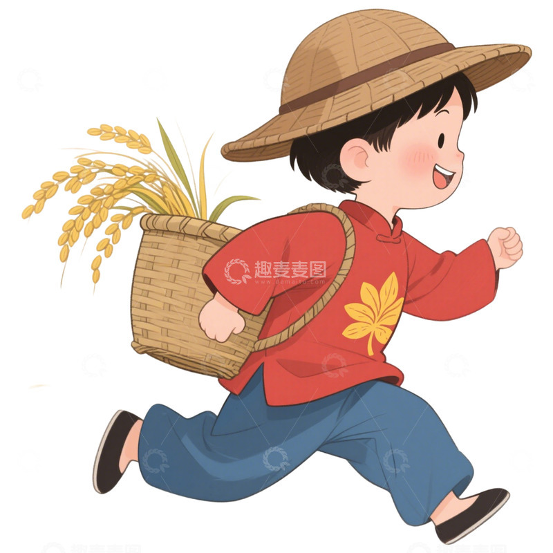 高清大图下载【趣麦麦图】卡通手绘秋天女孩背着稻谷