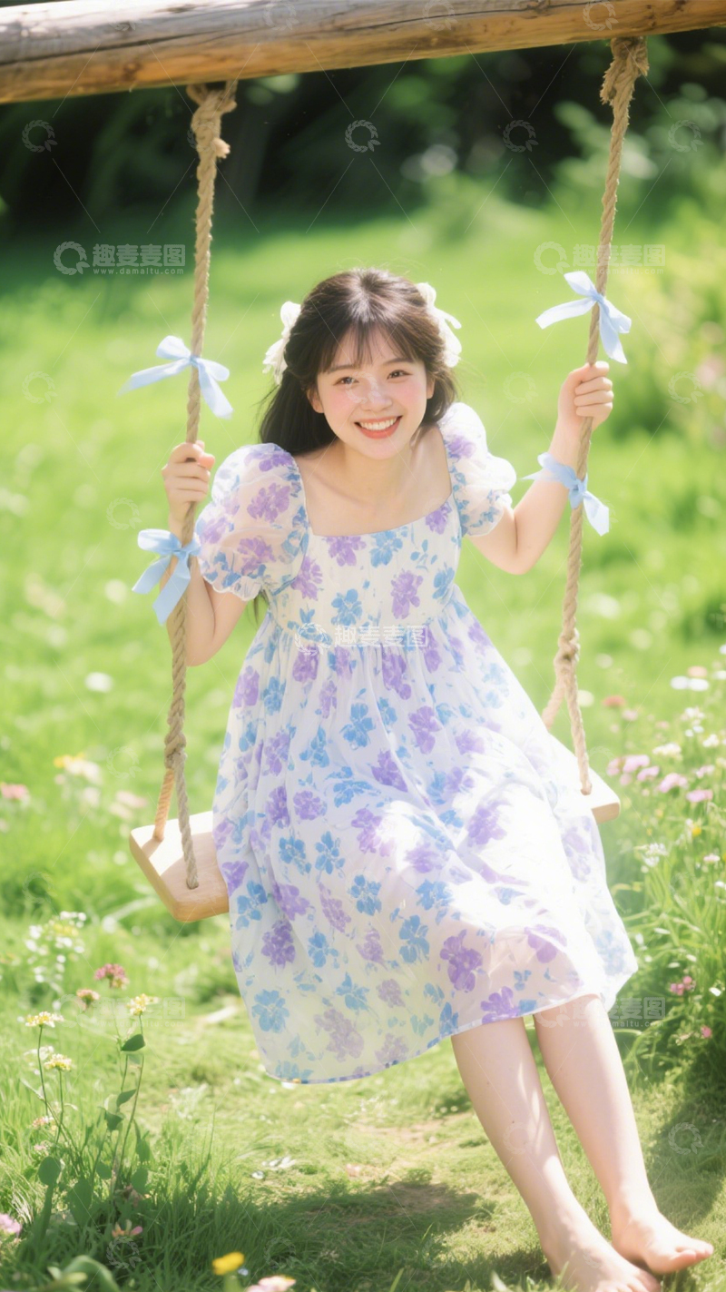 高清大图下载【趣麦麦图】夏日花园碎花裙少女1