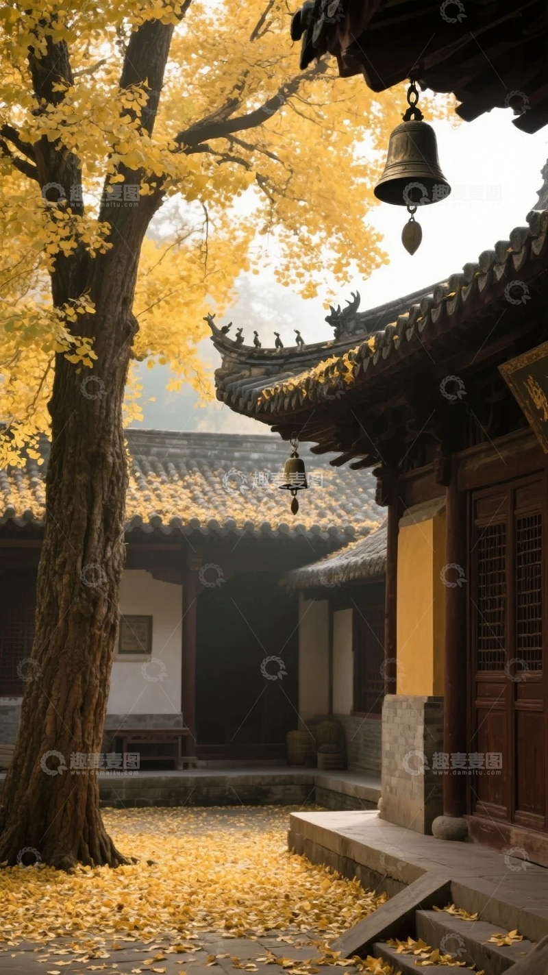 高清大图下载【趣麦麦图】银杏叶落满深秋的古寺2