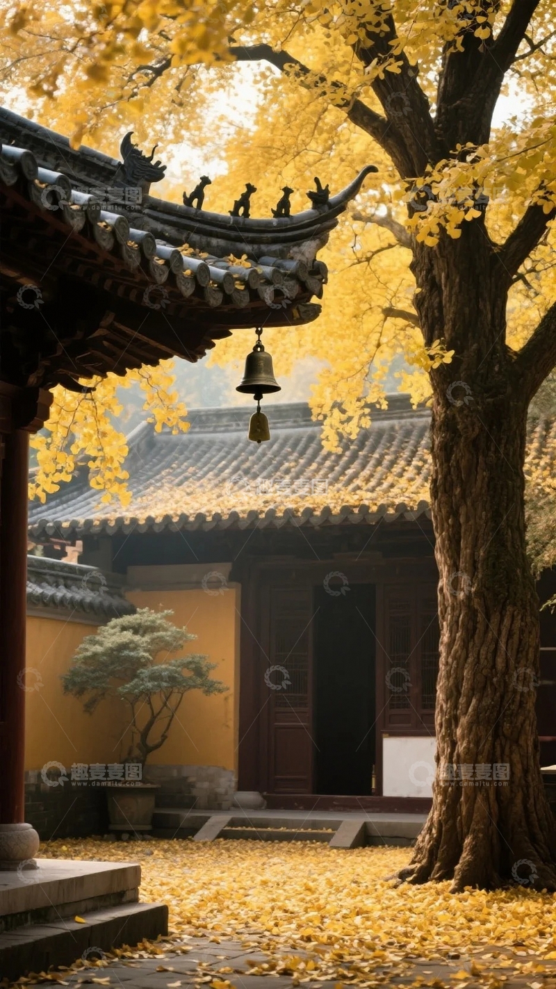 高清大图下载【趣麦麦图】银杏叶落满深秋的古寺3
