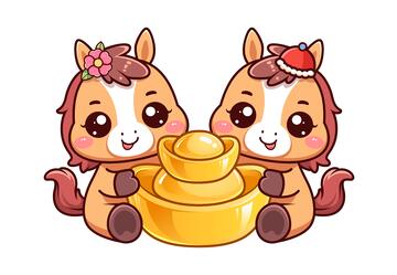 卡通马抱元宝描边插画