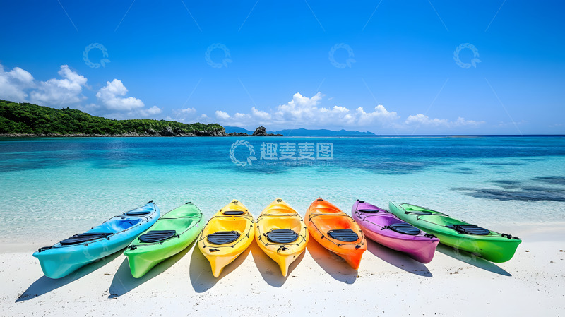 高清大图下载【趣麦麦图】沙滩上的彩色皮划艇