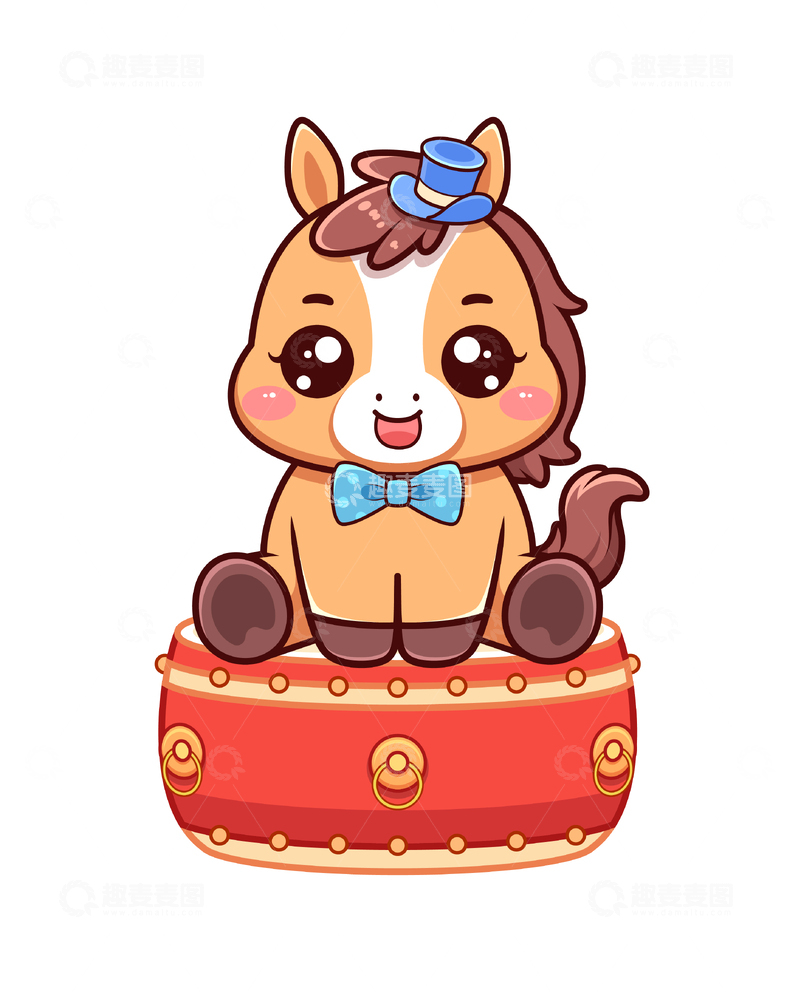 源文件下载【趣麦麦图】可爱小马坐在鼓上卡通插画