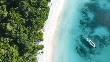 航拍碧海沙滩树林小船