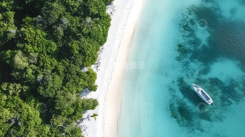 高清大图下载【趣麦麦图】航拍碧海沙滩树林小船