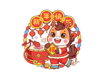 马年喜庆窗花装饰插画