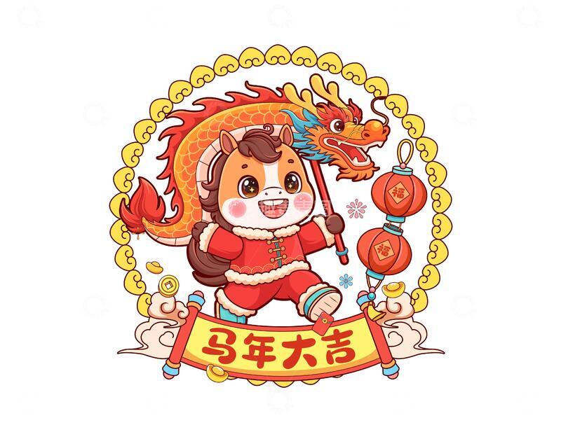 源文件下载【趣麦麦图】-马年舞龙喜庆窗花插画