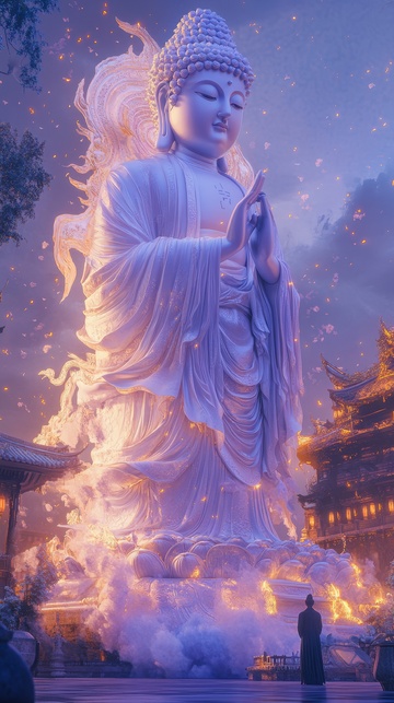 紫色梦幻高大的佛像石塑