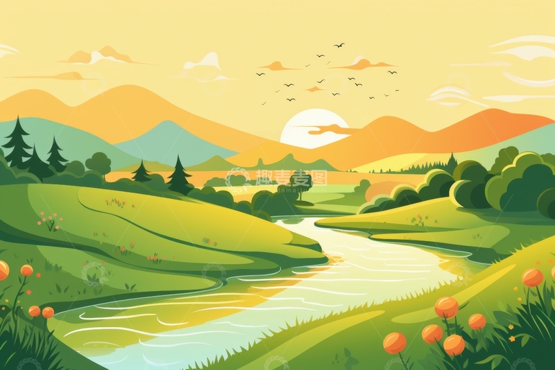 高清大图下载【趣麦麦图】手绘简约户外田园风景