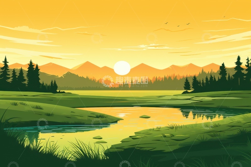 高清大图下载【趣麦麦图】卡通简约户外绿草地田野背景