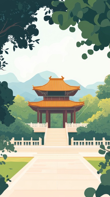 手绘简约凉亭建筑风景