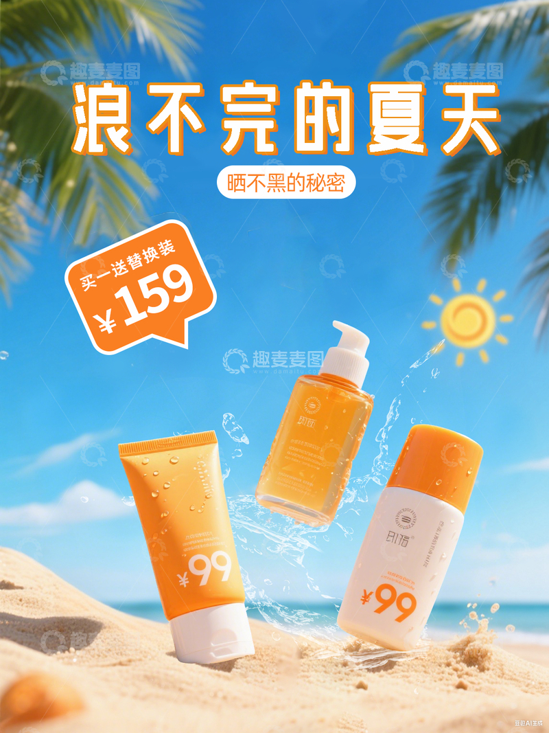 源文件下载【趣麦麦图】橙色防晒霜套盒蓝色海滩椰树简约小清新