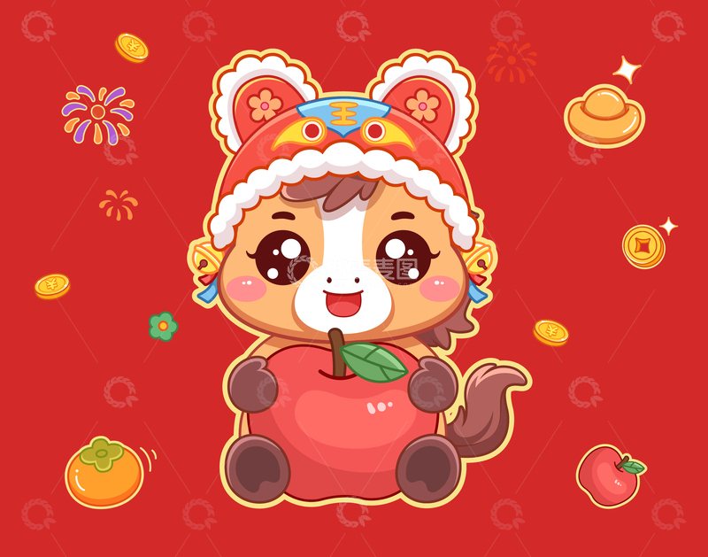 可爱马抱苹果插画
