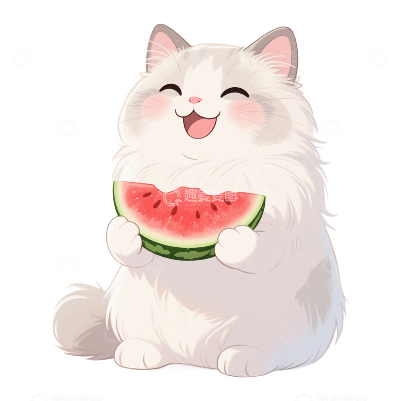 高清大图下载【趣麦麦图】手绘插画可爱猫咪吃西瓜1234