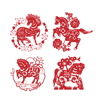 马年喜庆窗花剪纸剪影图案花朵