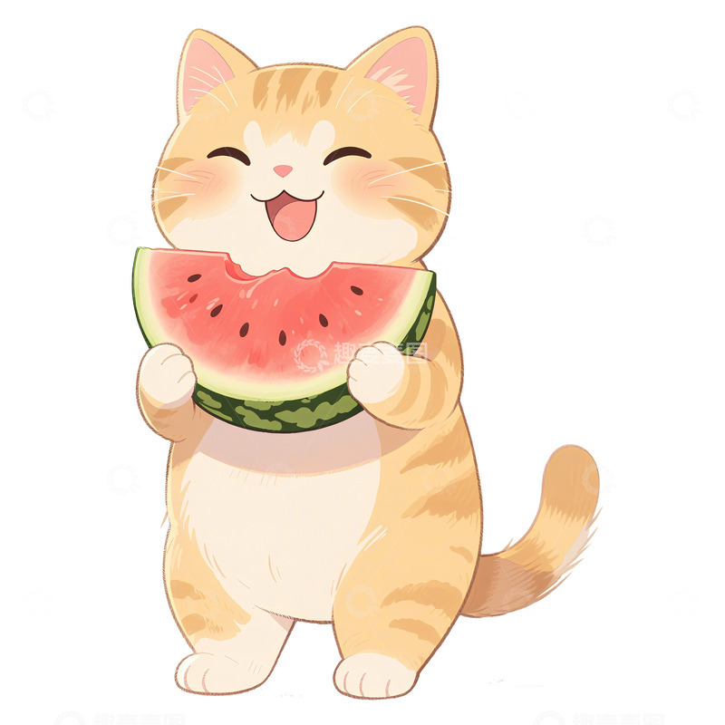高清大图下载【趣麦麦图】手绘插画可爱猫咪吃西瓜123