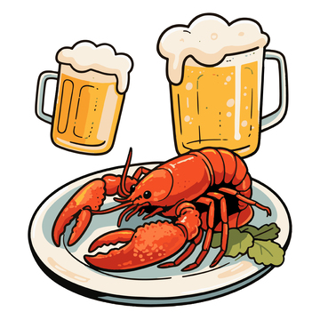 小龙虾喝啤酒手绘插画