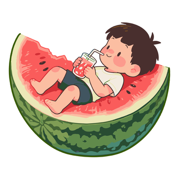 躺在西瓜上喝饮料的男孩插画