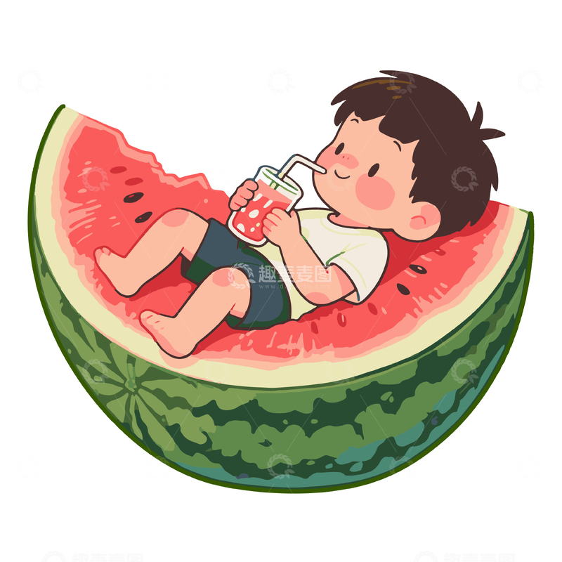 源文件下载【趣麦麦图】躺在西瓜上喝饮料的男孩插画