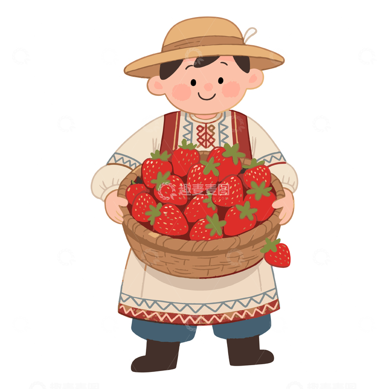 源文件下载【趣麦麦图】抱着一筐草莓的农民插画