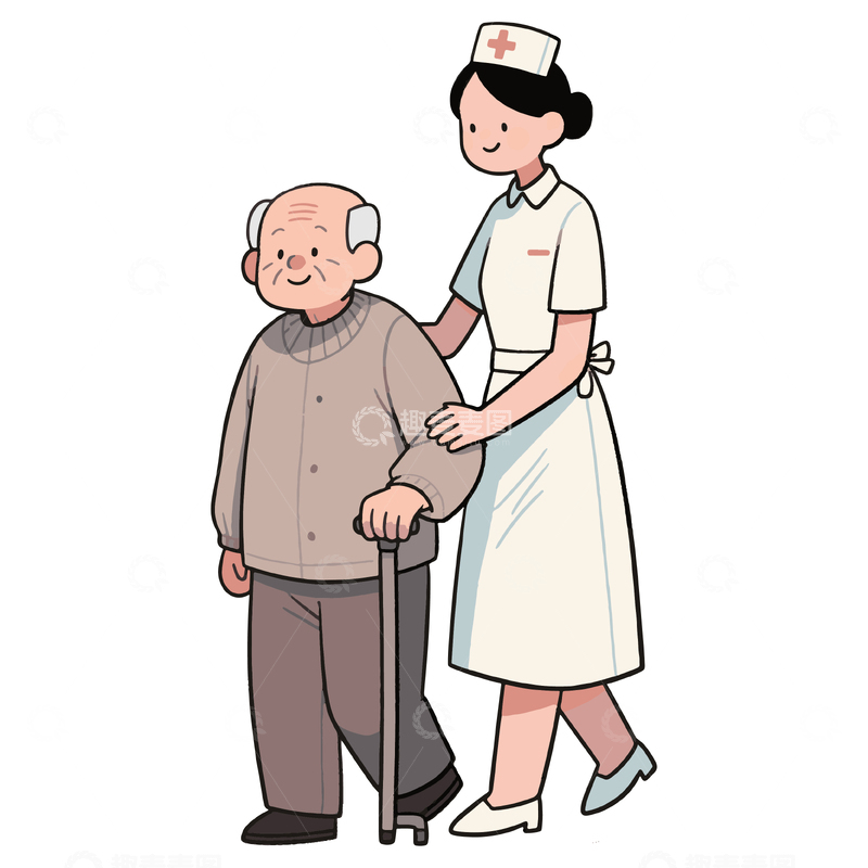 搀扶老人的护士手绘插画