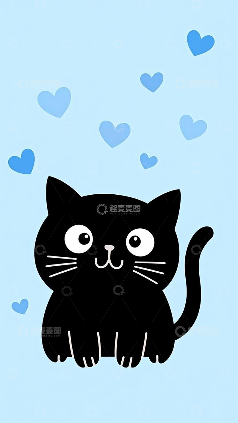 高清大图下载【趣麦麦图】可爱小黑猫蓝色爱心壁纸