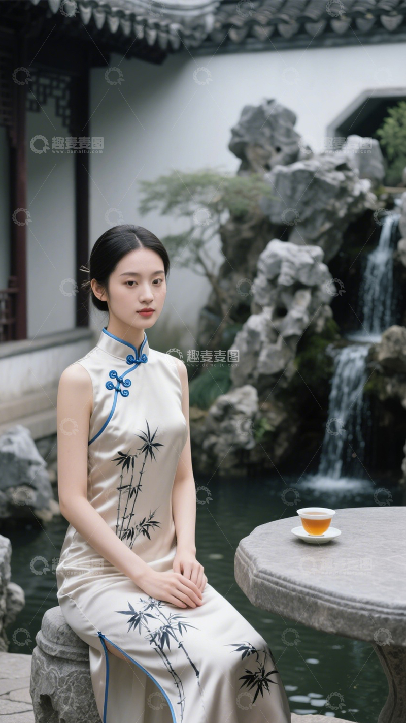 高清大图下载【趣麦麦图】中式园林典雅旗袍1