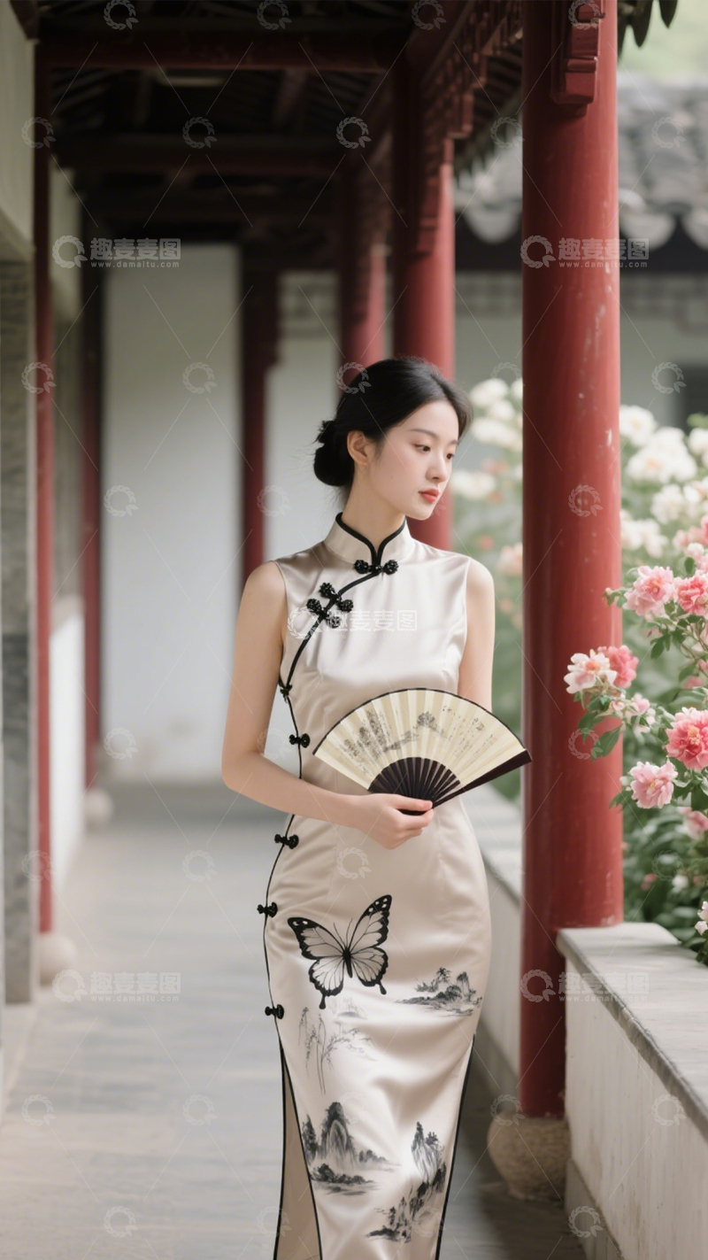 高清大图下载【趣麦麦图】中式园林典雅旗袍