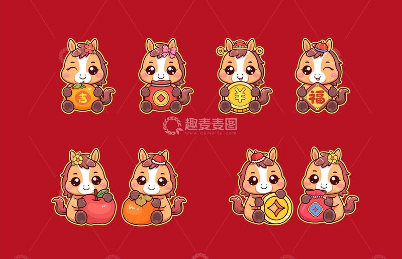 可爱小马卡通矢量描边插画