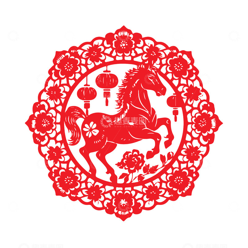 马年春节元旦剪纸窗花动物贴画贴花花朵