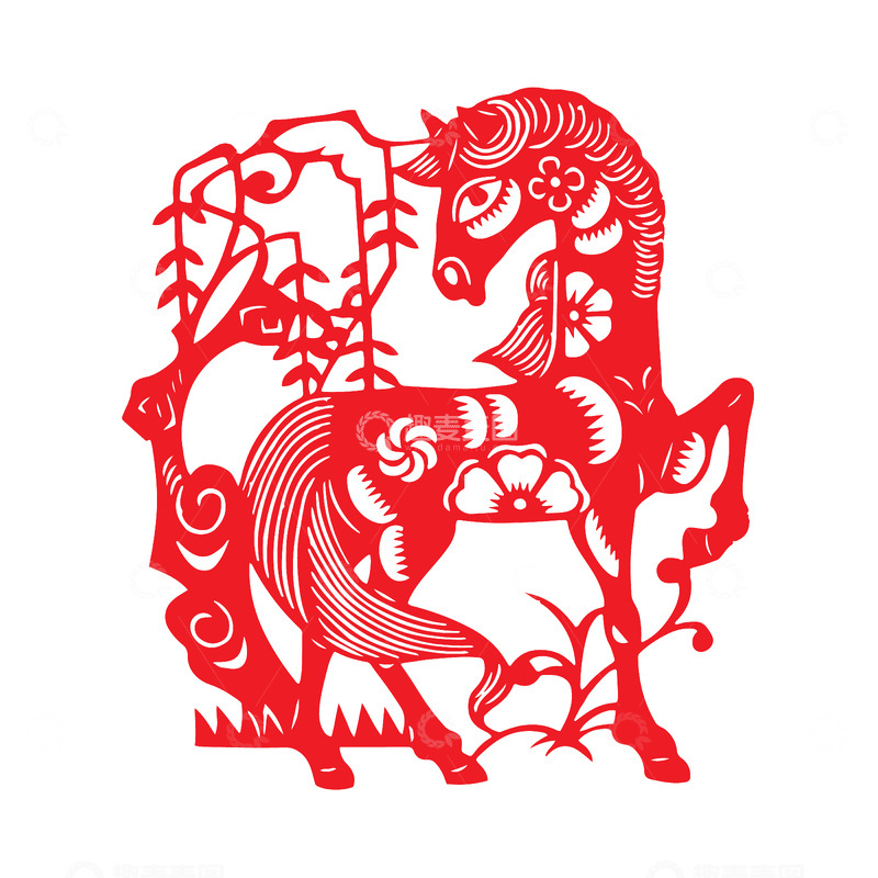 元旦春节马年剪纸窗花动物柳树贴画贴花