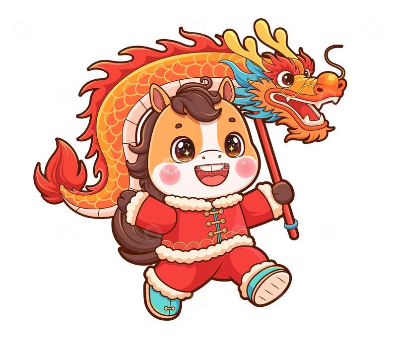 源文件下载【趣麦麦图】马年舞龙卡通矢量插画