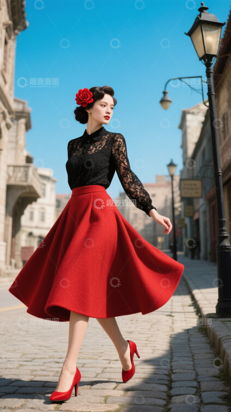 高清大图下载【趣麦麦图】红裙赫本风穿搭3