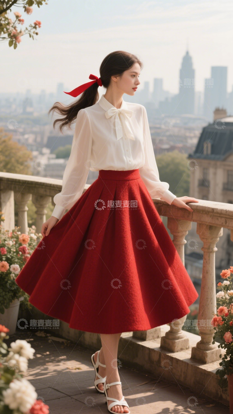 高清大图下载【趣麦麦图】红裙赫本风穿搭