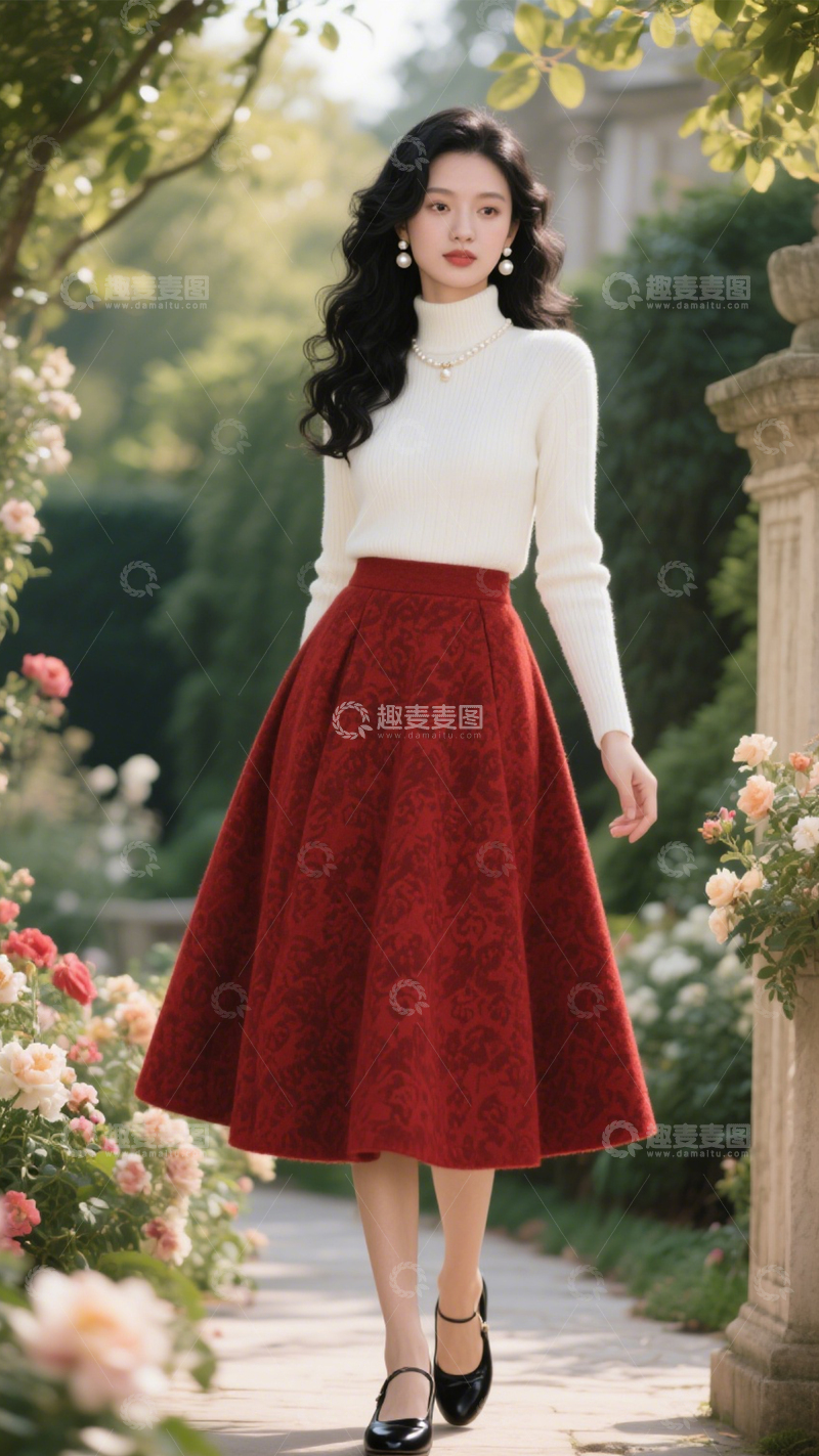 高清大图下载【趣麦麦图】红裙赫本风穿搭1