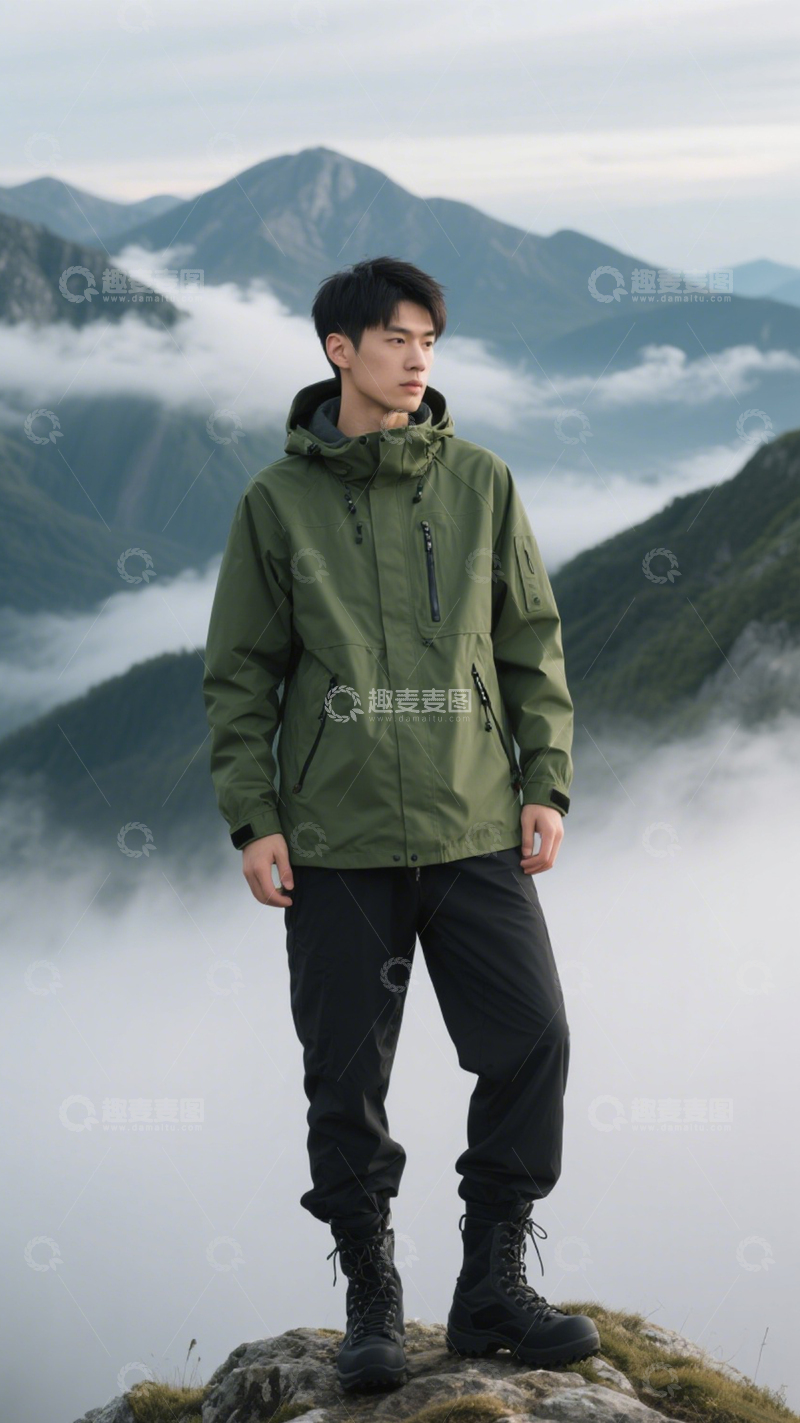 高清大图下载【趣麦麦图】-绿色外套户外穿搭3