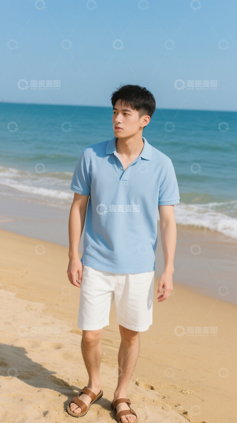 高清大图下载【趣麦麦图】浅蓝Polo衫简约穿搭