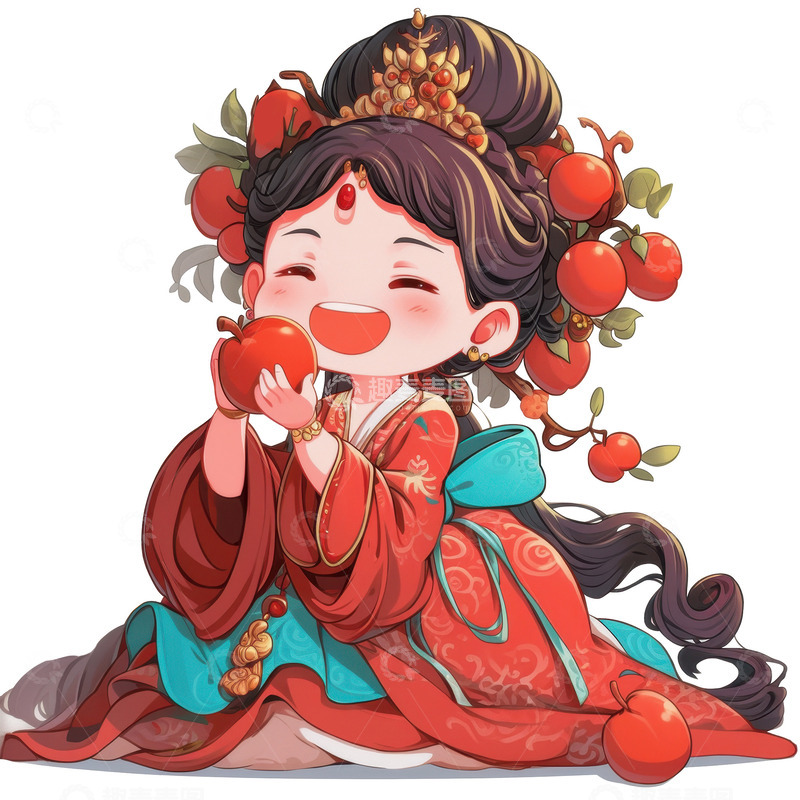 高清大图下载【趣麦麦图】卡通简约吃苹果的妃子