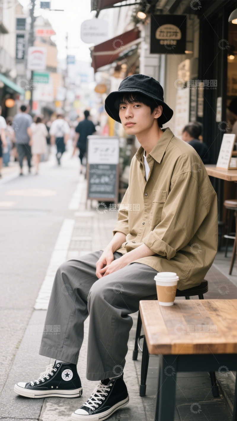 高清大图下载【趣麦麦图】卡其衬衫日系穿搭2