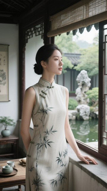 竹纹旗袍典雅搭