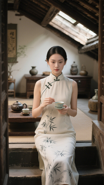 竹纹旗袍典雅搭2