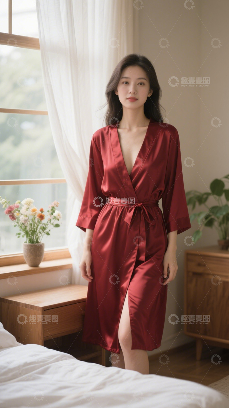 高清大图下载【趣麦麦图】缎面睡袍慵懒感