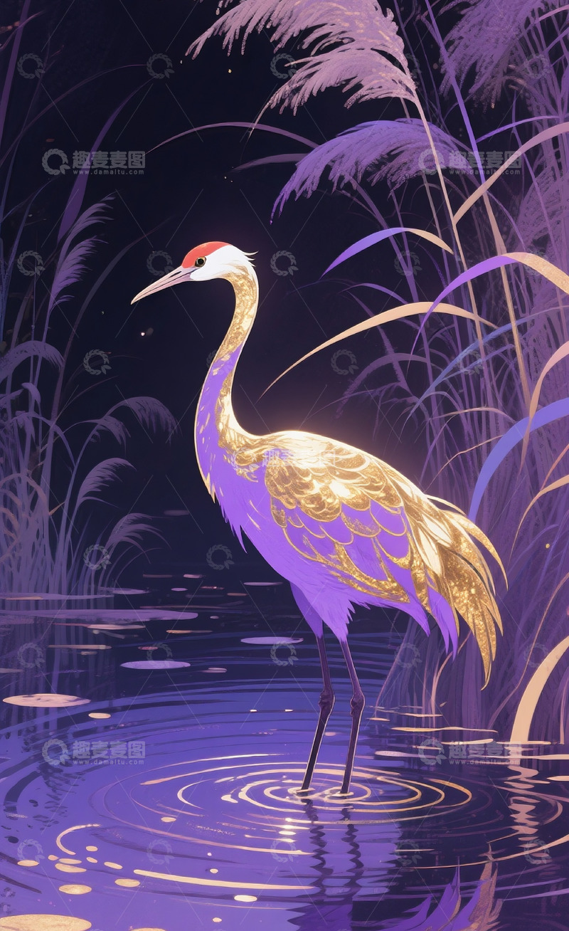 高清大图下载【趣麦麦图】仙鹤立在水波插画