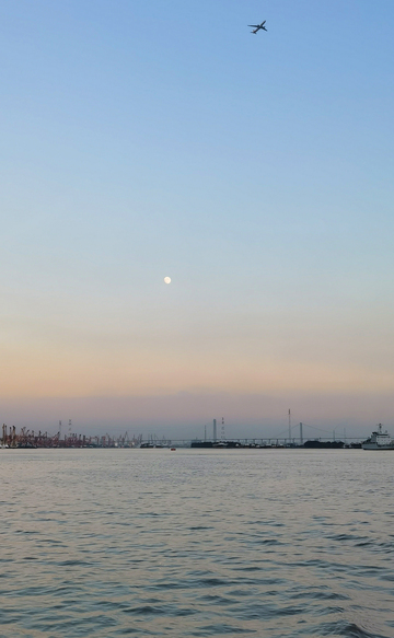 暮色江景：飞机、月、桥与港