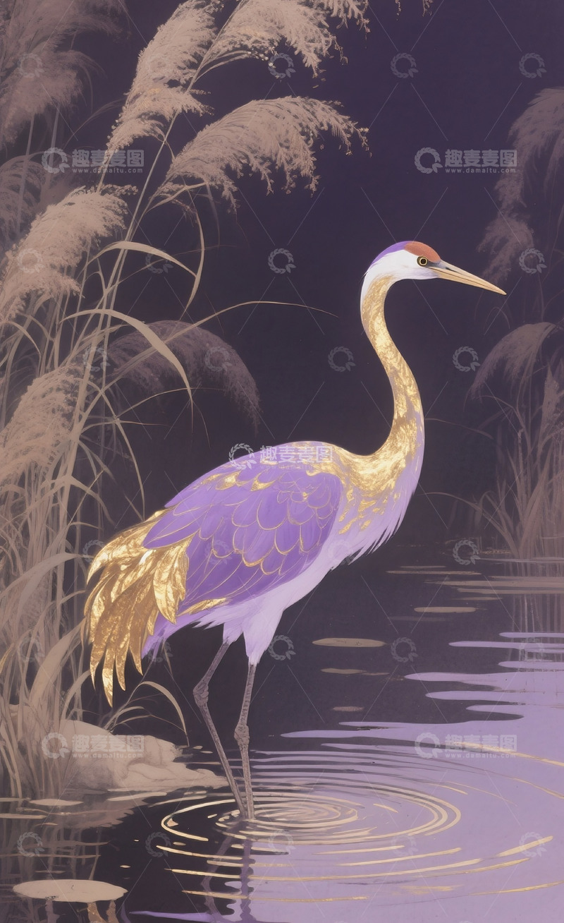 高清大图下载【趣麦麦图】仙鹤立在水波插画12