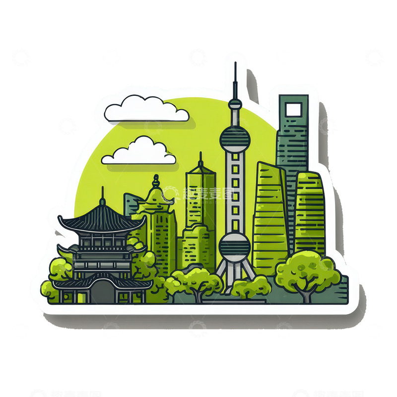 高清大图下载【趣麦麦图】手绘简约城市建筑贴纸