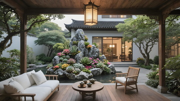 新中式庭院休闲区木廊假山绿植中式建筑