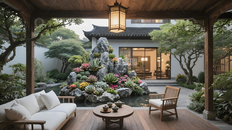 高清大图下载【趣麦麦图】-新中式庭院休闲区木廊假山绿植中式建筑