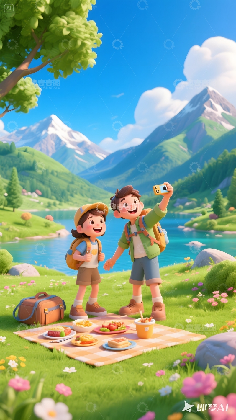 卡通露营野餐插画