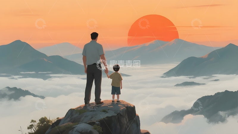 高清大图下载【趣麦麦图】父子登山共赏落日1